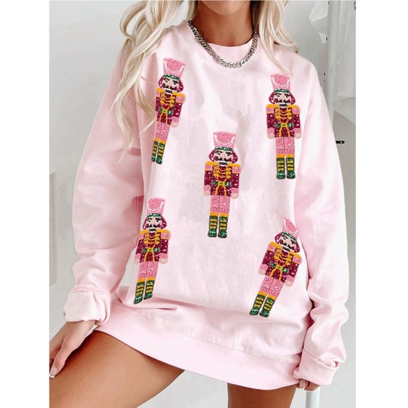 Pink Sweatshirt Sequined Nutcracker Appliqué Christmas Holiday - Picture 4 of 12
